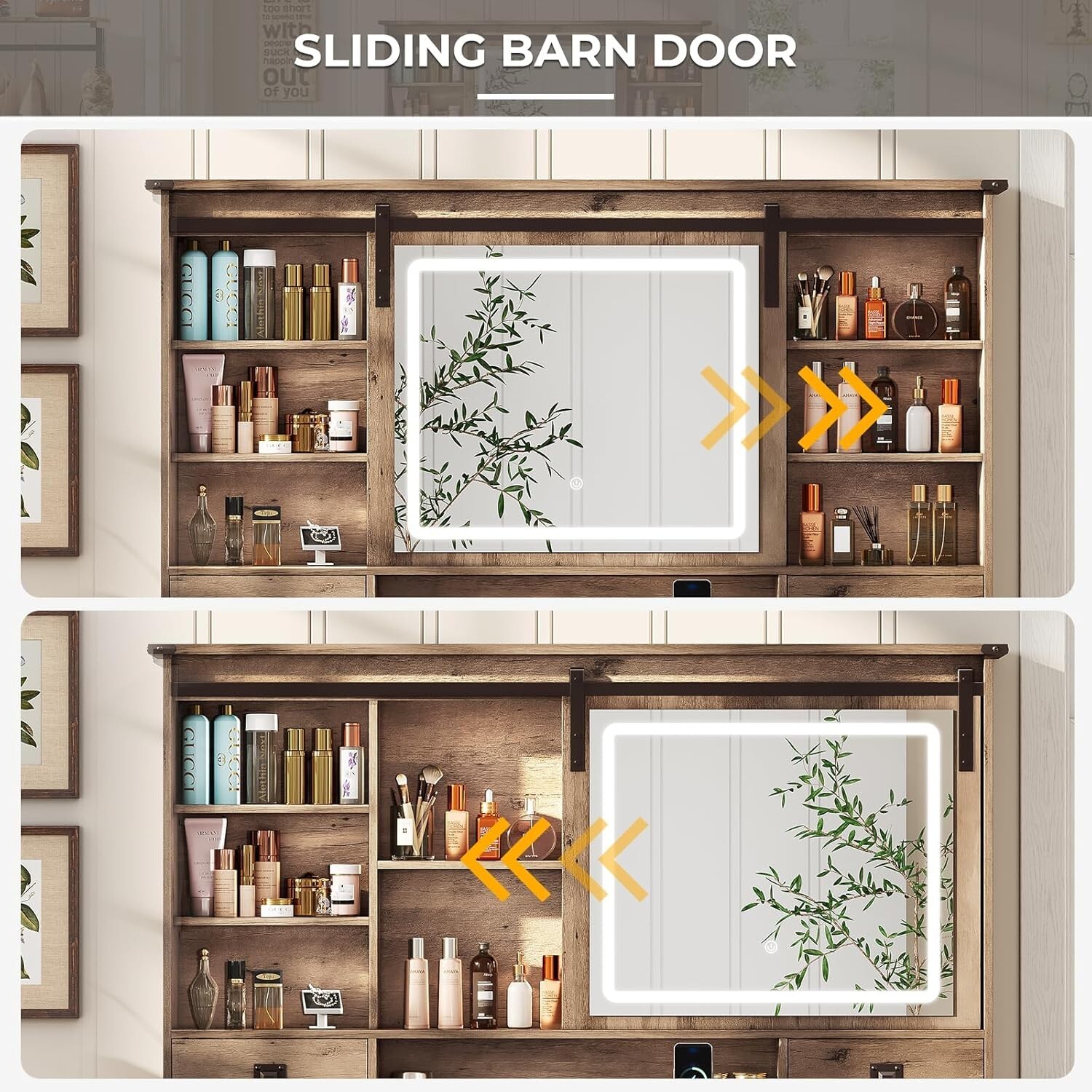 Farmhouse Vanity Table with Sliding Mirror, Large Makeup Desk & 5 Drawers, Oak