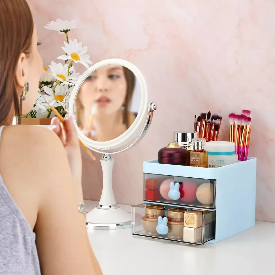 LETURE Small Desk Organizer With Drawer, Office Desktop Storage Box, Blue