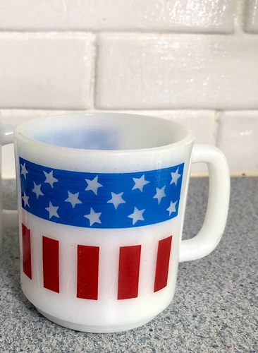 Vintage Glasbake Coffee Cup Stars & Stripes Stackable Flag USA Milk Glass