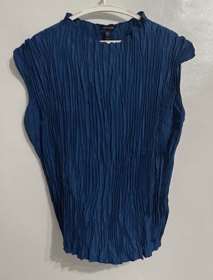 Eileen Fisher Sz XL 100% Silk Crinkle Top Womens Blue Sleeveless Blouse Textured