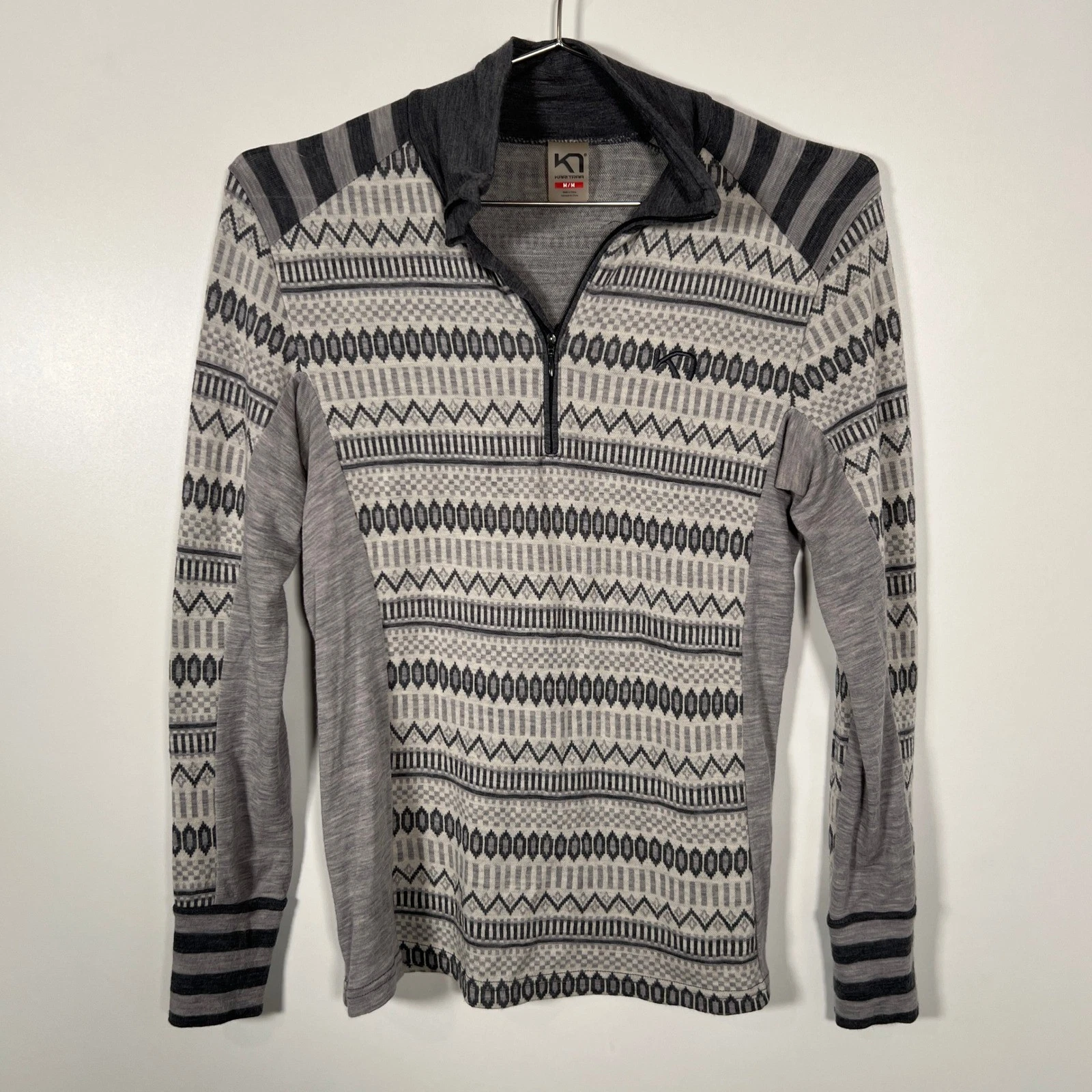 Wool Base Layer Nordic Gray Kari Traa Half Zip Top Geometric Size Medium