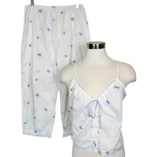 Victoria  s Secret Cottagecore Cami  Pajama Pant Set White Cotton Blue Flowers M