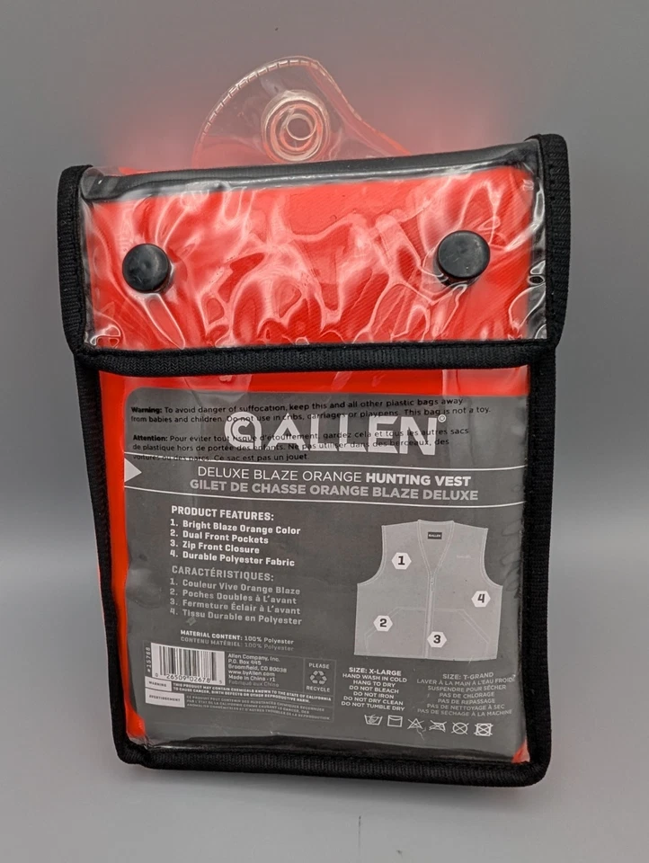 Allen Deluxe Blaze Orange Hunting Vest, XL Zipper Closure Unisex 15768 New - Image 2 of 4