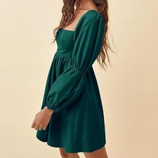 EXLURA WOMENS 2025 SQUARE NECK DRESS LONG PUFF SLEEVE A-LINE CASUAL -  DARK