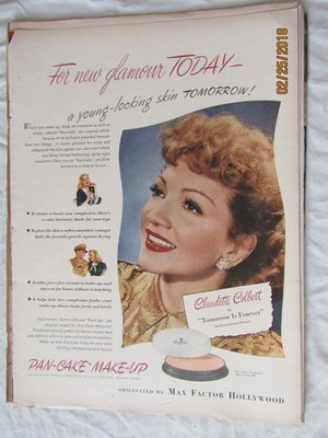 VTG 1945 Original Magazine Ad Max Factor Cosmetics Pan Cake Make Up C Colbert