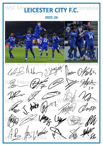 12224. 2025-26 Leicester City Signed Team Photo Sheet (PRINTED AUTOGRAPH - A4)