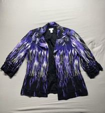 Chico's Black Purple Open Front Blazer Jacket Size 0 XSmall 3/4 Ruched Sleeve