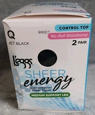 L'eggs Sheer Energy Tights Q Jet Black No Roll Waist Control Top Tights 2 Pairs