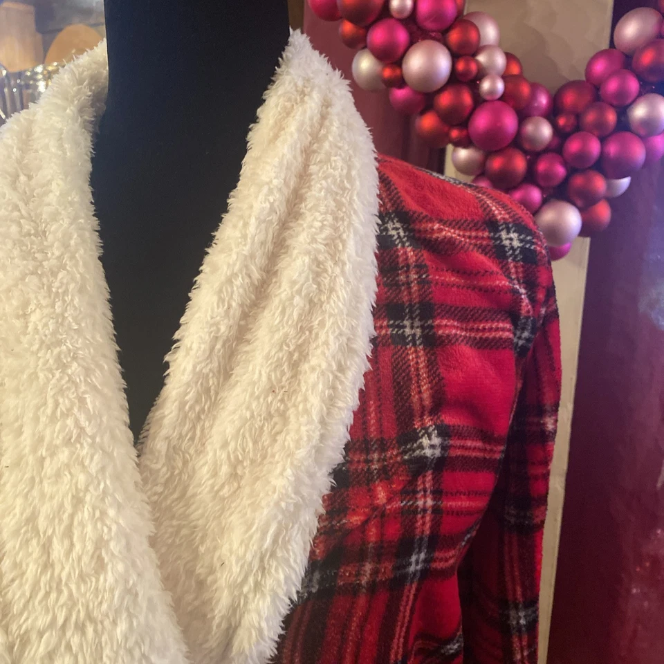 Laura Ashley Mujer Rojo Negro Blanco Corbata a Cuadros Midi Tan Suave Bata Foto 2 de 4