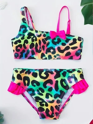 Bikini Set Leo Mädchen Badeanzug Regenbogen Leopard Schleife bunt Kinder 110-146 - Bild 1 von 4