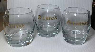 3 Chivas Regal Gold Logo Swirled Double Old Fashioned Glasses Scotch Whiskey