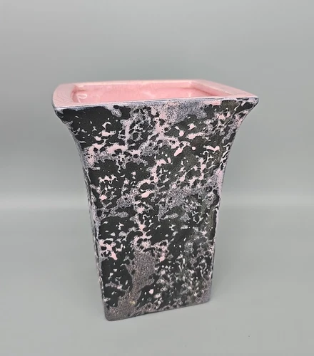 McCoy Pottery Vase Pink Black Brocade Spatter MCM Planter Vintage 7.25" Tall
