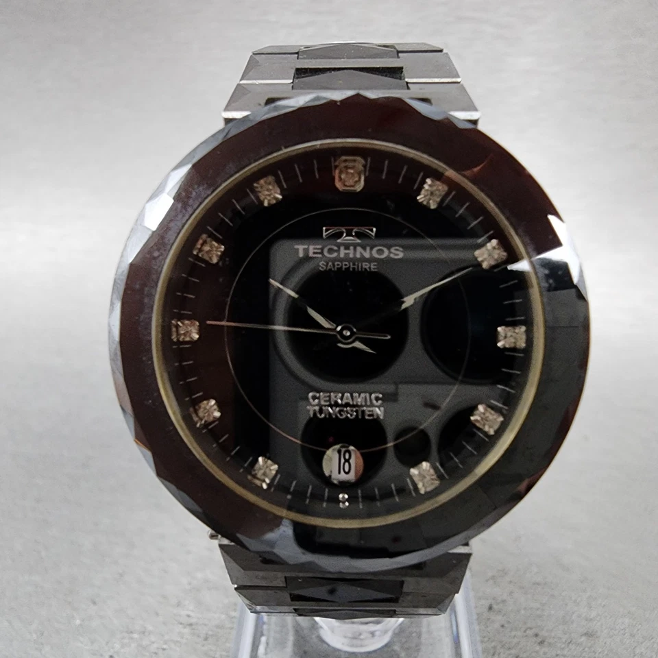 Reloj Technos Hombre 33mm Esfera Negra Cerámica Tungsteno Redondo Batería Nueva Foto 2 de 4