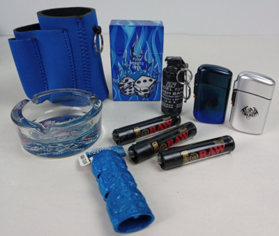 Blue Skull Smoker's Gift Set Can Coozie Lighters Ashtray Cig Case