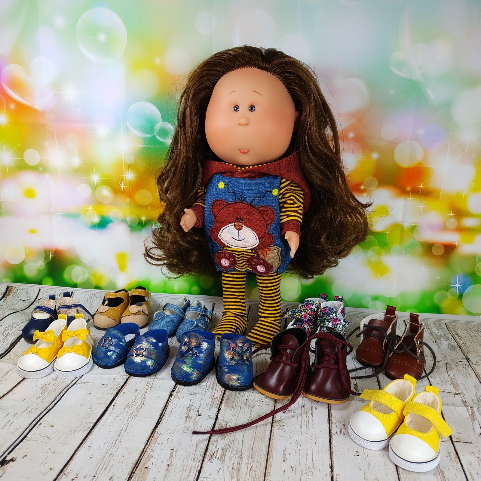 SAOLA Scarpe felpa con cappuccio adatte a bambola Mia 12'' ricamo orso stile ape blu giallo bordo