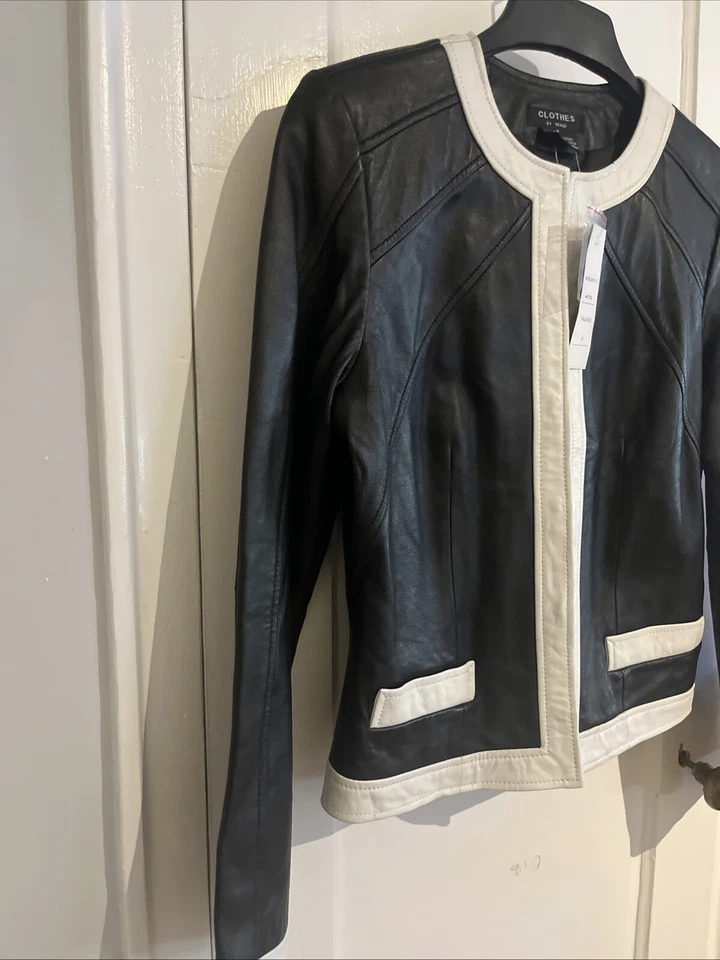 Clothes By Revue Lamb Leather Jacket Woman Size 8 Black White Contrast Trim New - Image 2 of 4