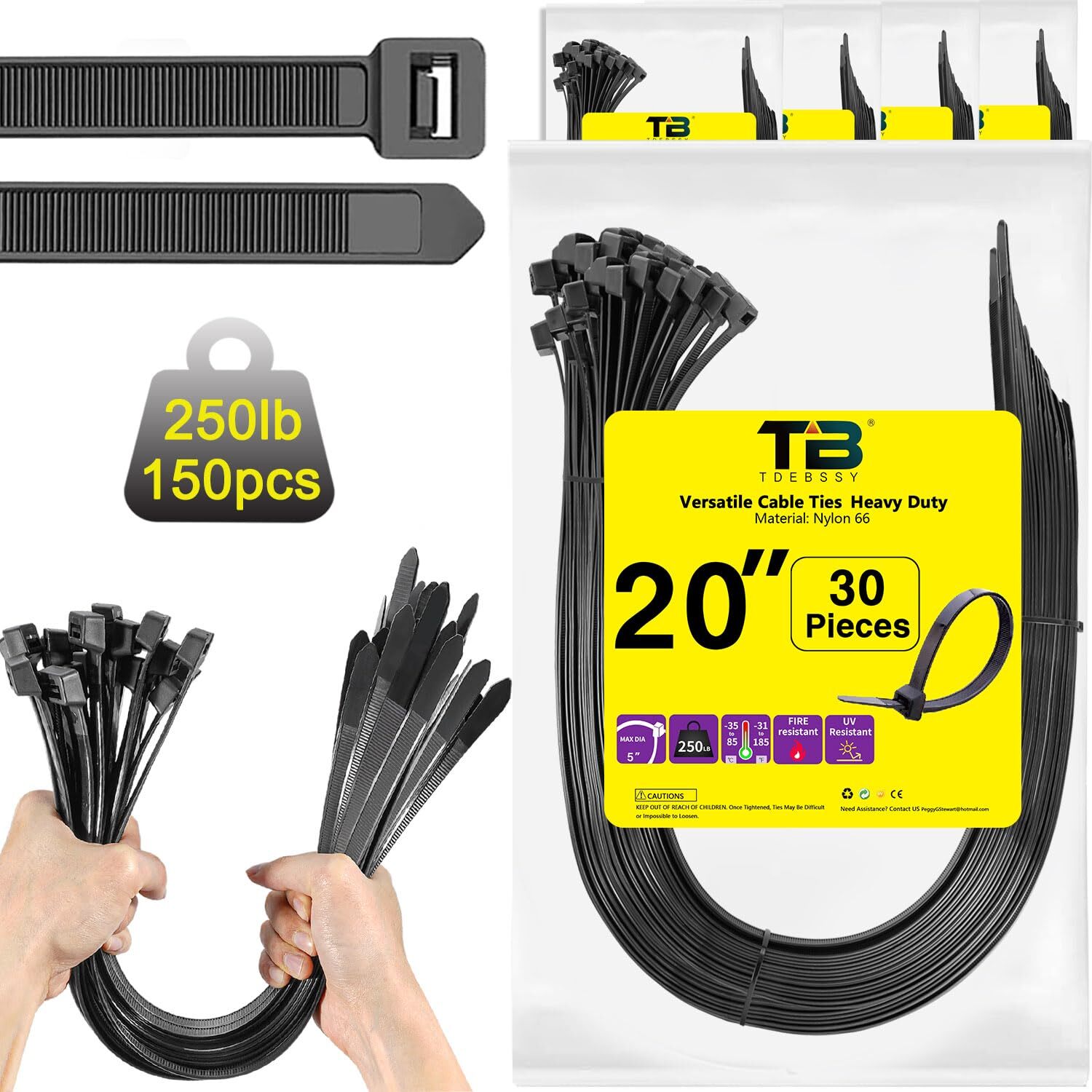 Heavy Duty 20 Inch Large Zip Ties 250 lbs Capacity Plastic Cable Ties