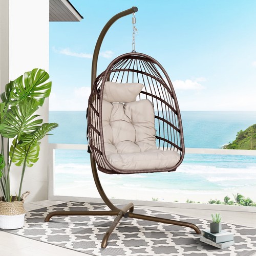 Foldable Wicker Egg Chair w/ Stand, Cushion & Pillow, 350 lbs Capacity - Picture 8 of 11