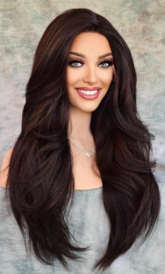 Swiss Lace Front Wig 4X4 Silk Top Handtied Heat Safe Color #4 Long Thick 1230 - Image 2 of 4