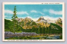 Antique Wyoming Postcard THE TETONS View Hoback Pass Highway Union Pacific 1932