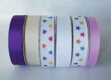 Lot of 6 Spools Grosgrain Ribbon 1" and 5/8" wide, Hearts, Stars, 43 Yds. Total