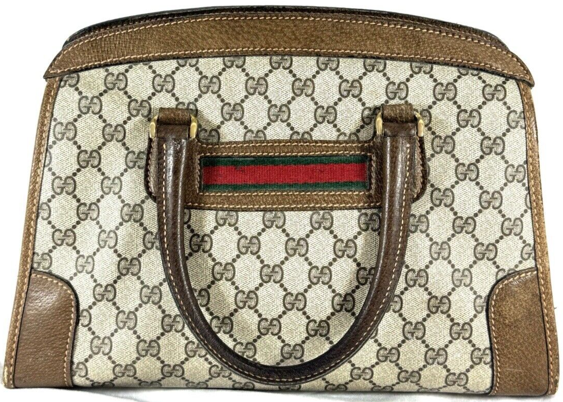 80's GUCCI Canvas Brown Leather GG Web Ophidia Boston Doctor Bag