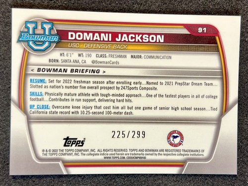 2022 Topps Bowman Chrome First Bowman Aqua Wave /299 Domani Jackson USC - Picture 2 of 2