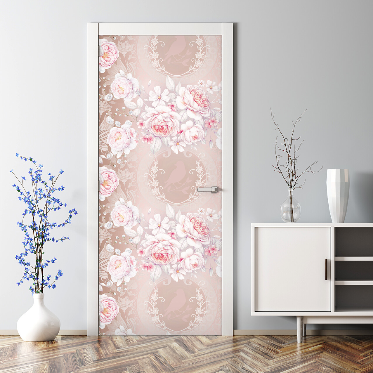 White roses bubble-free grey and white temporary door decal decor