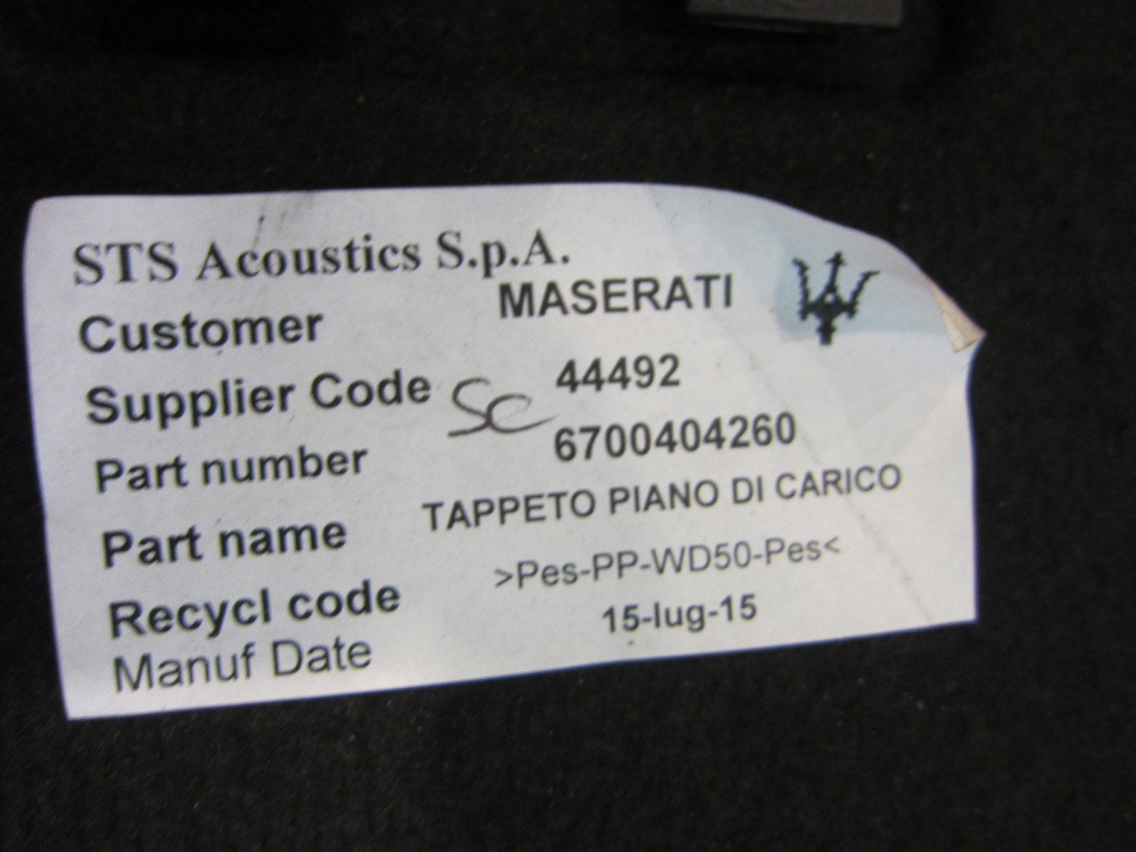 Maserati Ghibli - Luggage Compartment Carpet / Spare Tire Cover - P/N 670040426 
