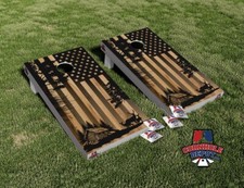 American Flag Forest Cabin Cornhole Board Vinyl Wrap Laminated Sticker Decal Set