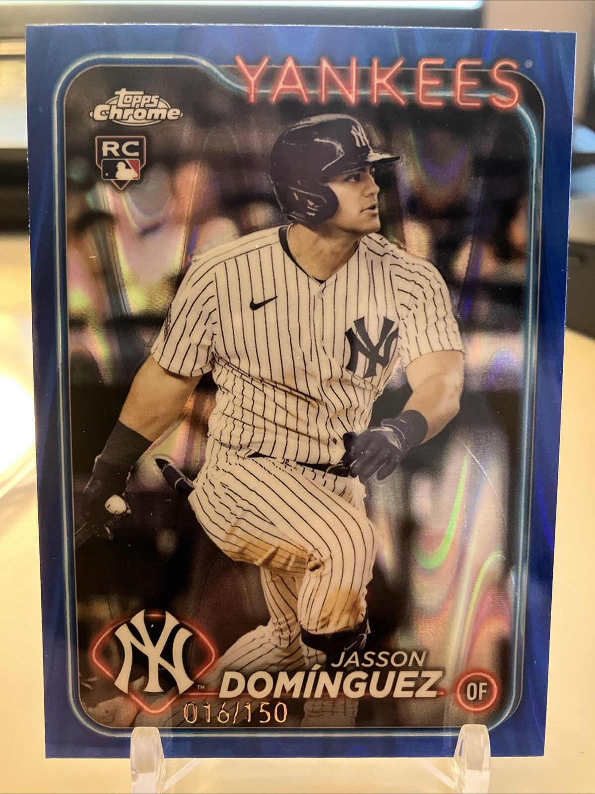 2024 Topps Chrome Blue RayWave Refractors #89 Jasson Dominguez RC 016/150 Yankee