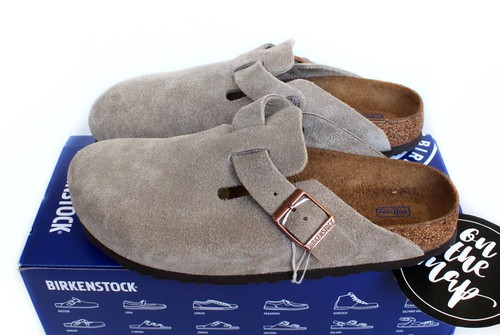 Birkenstock Boston Wildleder Leder Taupe Clogs Pantoletten UK 2 3 4 5 6 7 8 9 US Neu