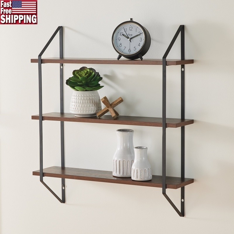 3 Tier Wall Shelf W/ Black Brackets Walnut Wood Floating Display Storage New