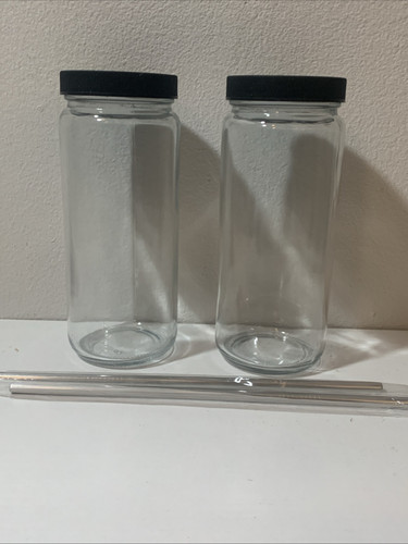 Lot Of 2 Glass 16 Oz Juice Bottles With Caps + 2 New Metal Straws Smoothies
