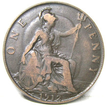 1912H One Penny Coin George V British - Very Good Grade #334