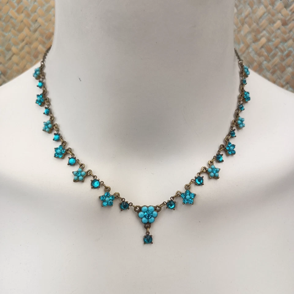 Michal Negrin Necklace Floral Star Flowers Turquoise Tone Crystals Romantic VTG - Image 2 of 4