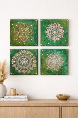 Handgemachtes Mandala Wandbild Set (4 Stück)   Mit Steinen und Strass   20 × 20