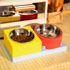 Cat Food Water Bowl Set, for Cats/Dogs, w/ 2 Raised Stainless Steel Puppy Bow...