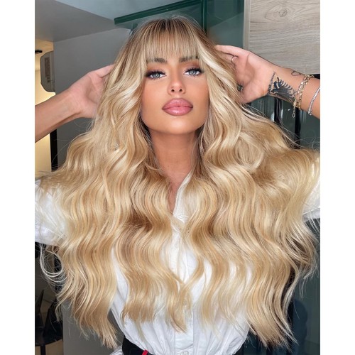 KOME Light Blonde Wigs With Bangs,613 Blonde Mixed Long Wavy Wig For Women,Long Curly Synthetic Hair Wig For Party Daily Use 26IN