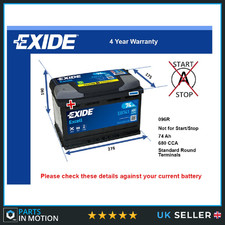 Car Battery EB741 Exide 096R 680A 74Ah 4Yr Warranty 278x175x190 Excell