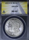 1921-D MORGAN SILVER DOLLAR ANACS MS62
