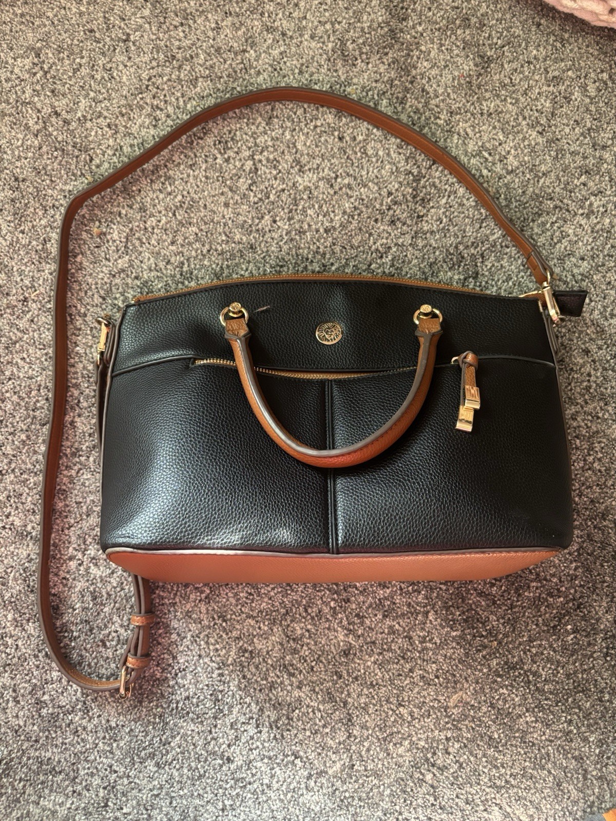 Anne Klein Pebbled Black Brown Satchel with Detachable Strap, Gold Hardware