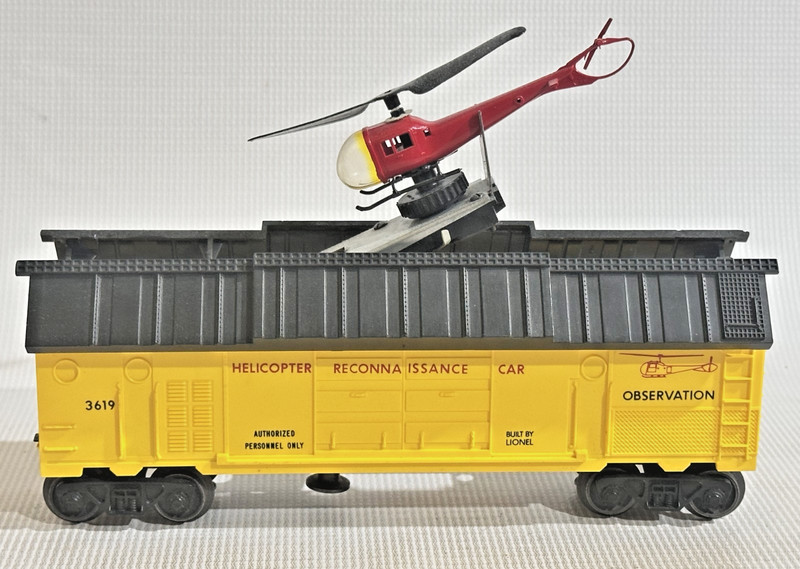 LIONEL MINT UNRUN 3619 HELICOPTER RECONNASSANCE YELLOW OPERATING BOX CAR 1962 LF