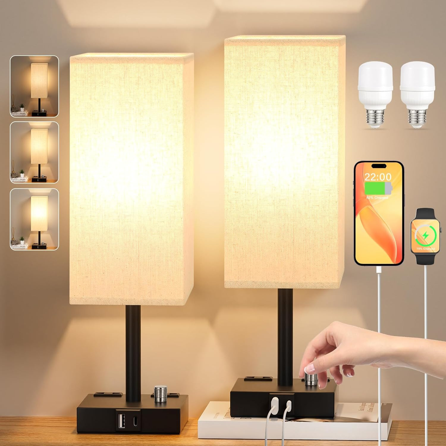 Coppia Lampade da Comodino con USB-C e A - Set 2 Abat Jour 4 Prese AC