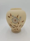 Fenton Satin Custard Glass 4.5” Vase Hand Painted Blue Flowers Signed Stickers