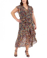 New $169 Tahari ASL  Women's Hi-Low Short Sleeve V-Neck A-Line Dress A6530