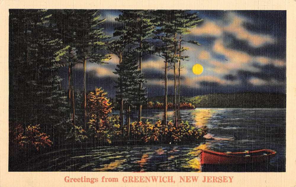 Cartolina antica Greenwich New Jersey barca a fila lungomare di notte K64865