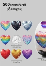 500 pcs Sticker Seals Roll Laser Holographic Shiny Foil Hearts Self Adhesive #B