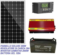KIT PANNELLO SOLARE FOTOVOLTAICO 200W CAMPER NAUTICA ACCUMULO 120AH INVERTER