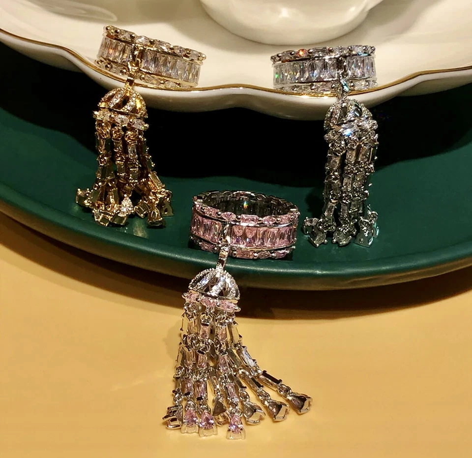 18k White Gold Filled Long Tassel Ring made w Pink Topaz Swarovski Crystal Stone - Image 3 of 4